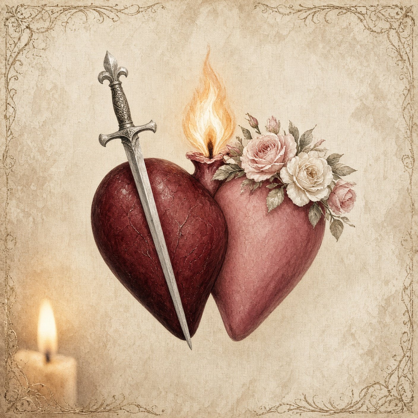 Two overlapping hearts, one pierced by a sword, one crowned with roses, sharing a single flame