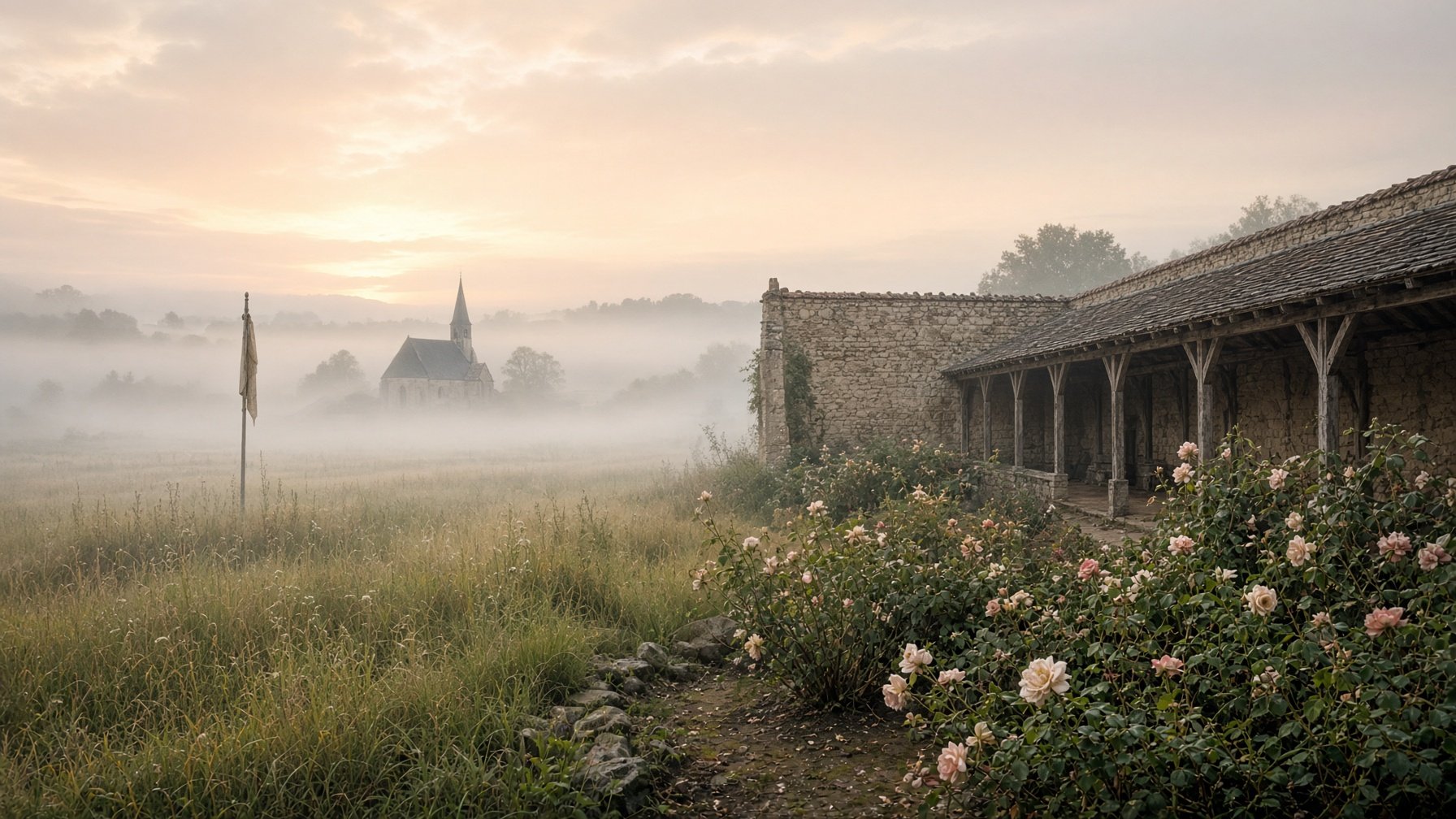 Dawn over a French meadow beside a Carmelite cloister garden